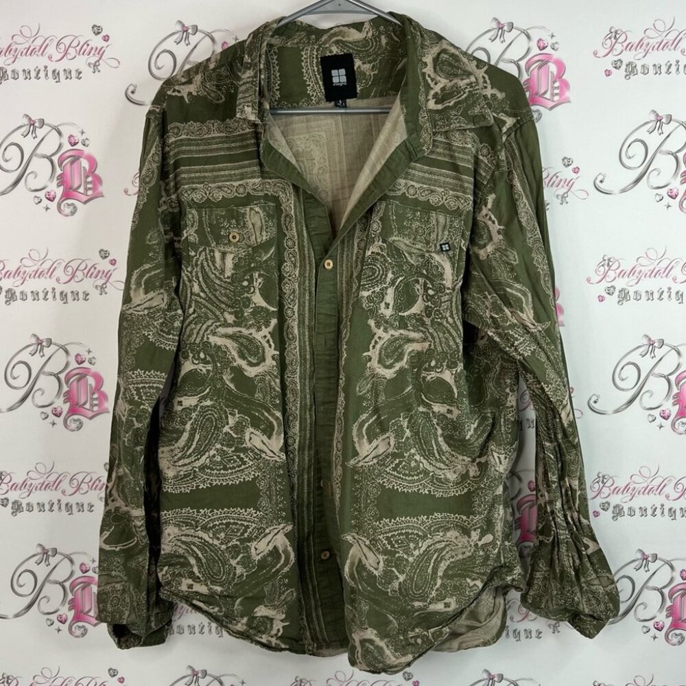 Insight button down long sleeve floral green Olive Paisley shirt collared